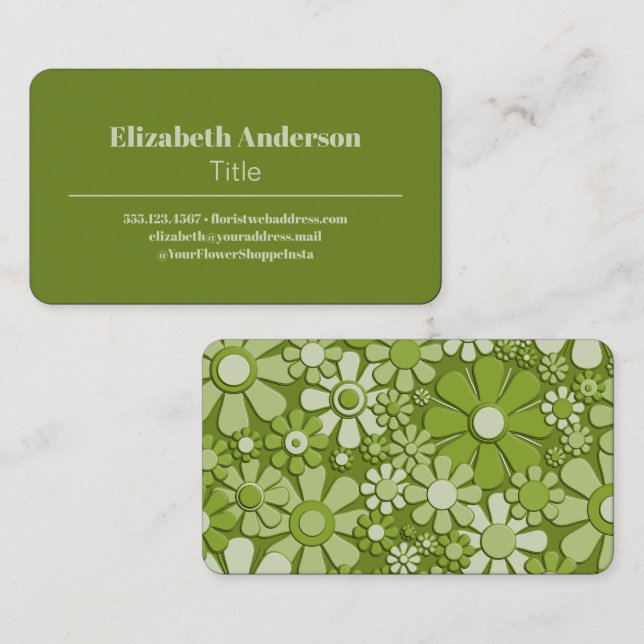 Retro Flowers 60s 70s Avocado Green Business Card (Front/Back)