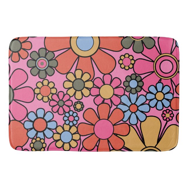 Retro Flowers 60s 70s Bright Floral Pattern Pink Bath Mat (Front)