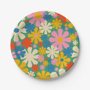 Retro Flowers 60s 70s Colourful Floral Pattern Paper Plate