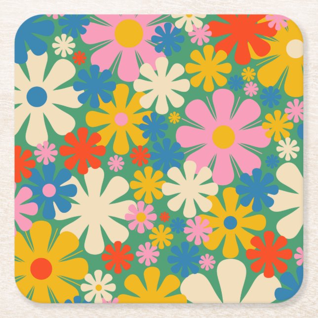 Retro Flowers 60s 70s Colourful Floral Pattern Square Paper Coaster (Front)