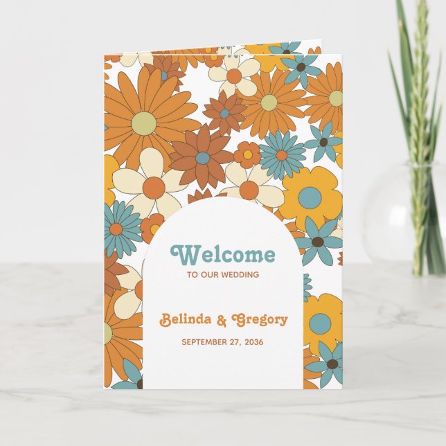 Retro Flowers 60's 70's  Wedding Order of Service Program (Front)