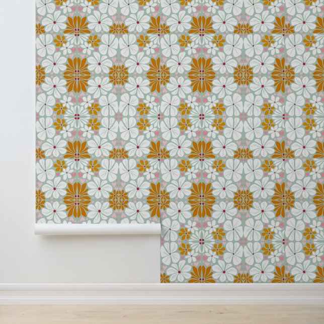 Retro flowers 70s groovy tile sage green wallpaper (Application)