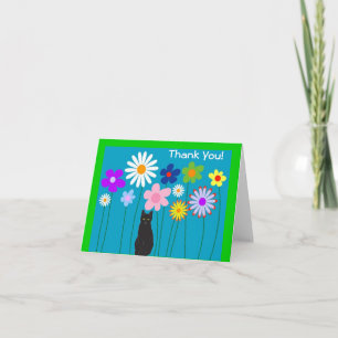 Retro Flowers and Black Cat Thank You Cards