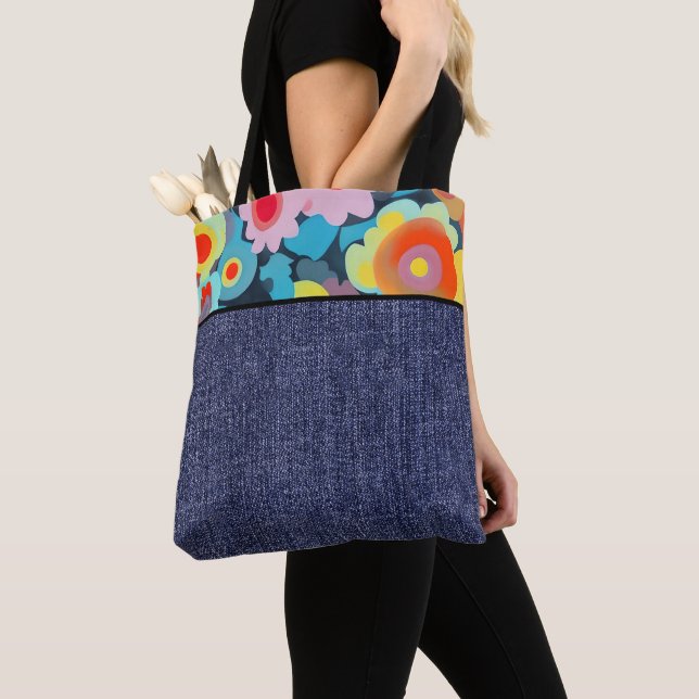 Retro flowers and denim tote bag (Close Up)