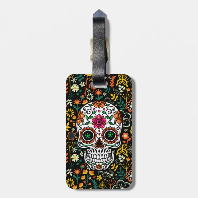 Retro Flowers And Sugar Skull Luggage Tag (Back Vertical)