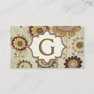Retro flowers beige brown floral pattern monogram business card