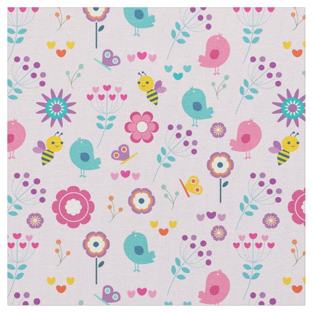 Retro Flowers Birds and Bees on Pink Background Fabric (Close Up)