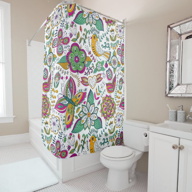 Retro Flowers Birds & Butterflies Colourful Patter Shower Curtain (In Situ)