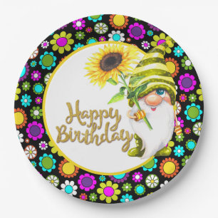 Retro Flowers Birthday Gnome Paper Plate