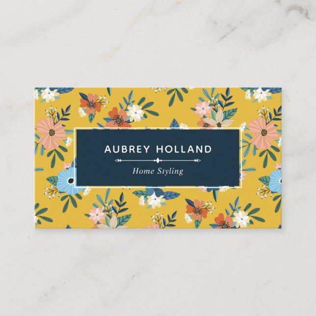 Retro Flowers Blush Yellow Blue Floral Pattern Business Card (Front)