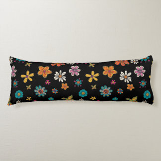 Retro Flowers Body Pillow - Black Floral