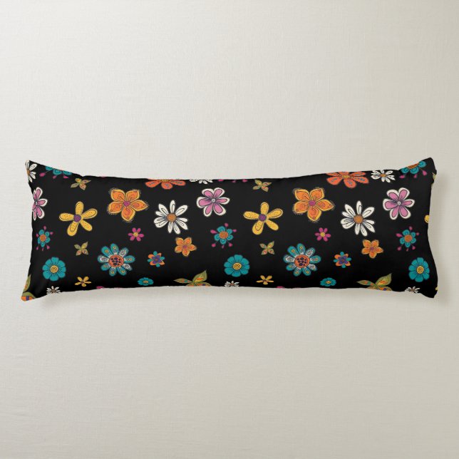 Retro Flowers Body Pillow - Black Floral (Front)