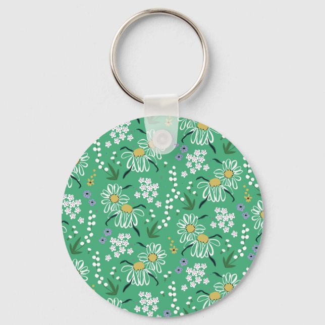 Retro Flowers, Botanical Seamless Pattern. Key Ring (Front)