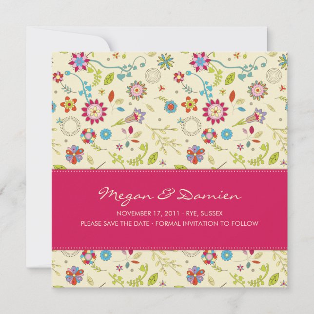 Retro Flowers · Cerise · Save the Date Card (Front)