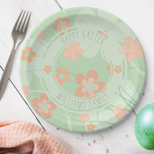 Retro Flowers Cute Coral pink Green Spring Floral Paper Plate