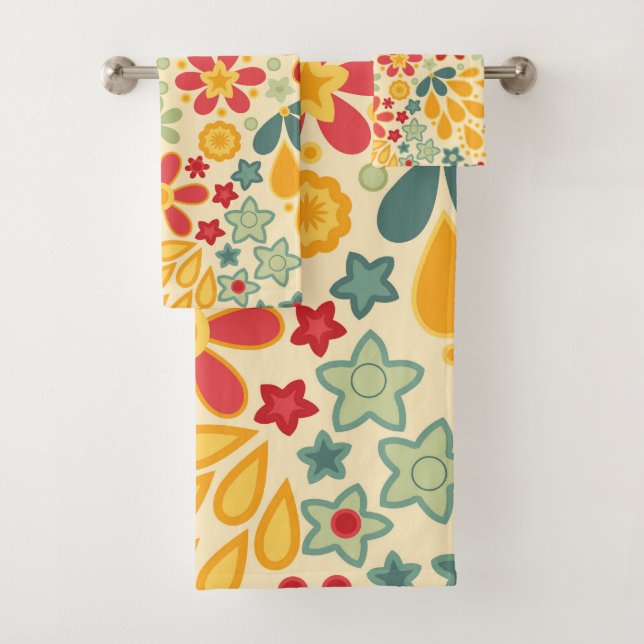 Retro, flowers, floral pattern bath towel set (Insitu)
