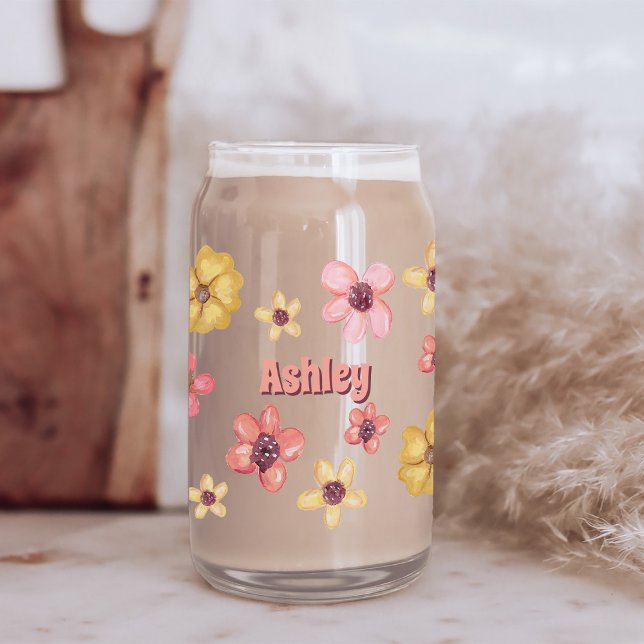 Retro Flowers Floral Pretty Botanical Cute Name Can Glass (Creator Uploaded)