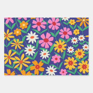 Retro Flowers Garden Pattern on Navy Blue Wrapping Paper Sheet