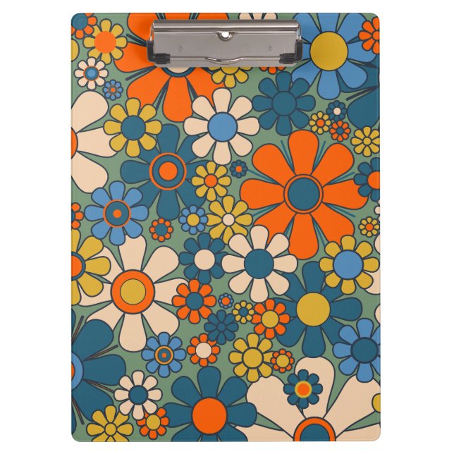 Retro Flowers Groovy Multicolor 60s 70s Floral Clipboard (Front)