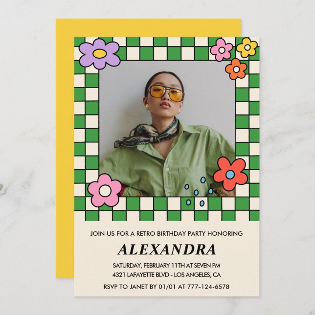 Retro Flowers Groovy Photo 37th birthday Invitation (Front/Back)