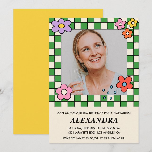 Retro Flowers Groovy Photo 46th birthday Invitation (Front/Back)