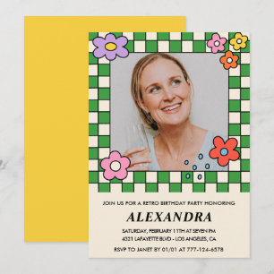 Retro Flowers Groovy Photo 47th birthday Invitation