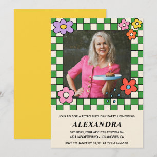 Retro Flowers Groovy Photo 77th birthday Invitation