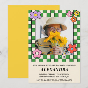 Retro Flowers Groovy Photo 91st birthday Invitation
