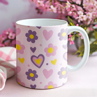 Retro Flowers Hearts Pattern Pink, Purple, Yellow Mug