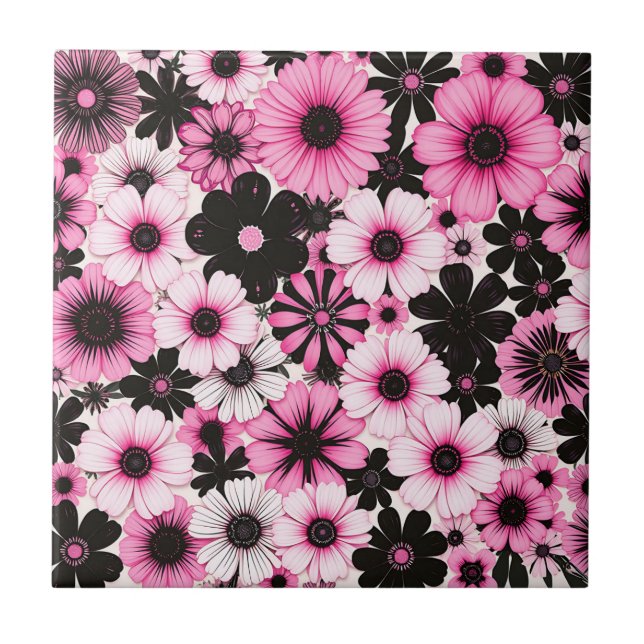 Retro Flowers in Pink and Black Ceramic Tile (Front)