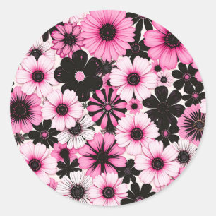 Retro Flowers in Pink and Black Classic Round Sticker
