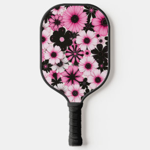 Retro Flowers in Pink and Black Pickleball Paddle