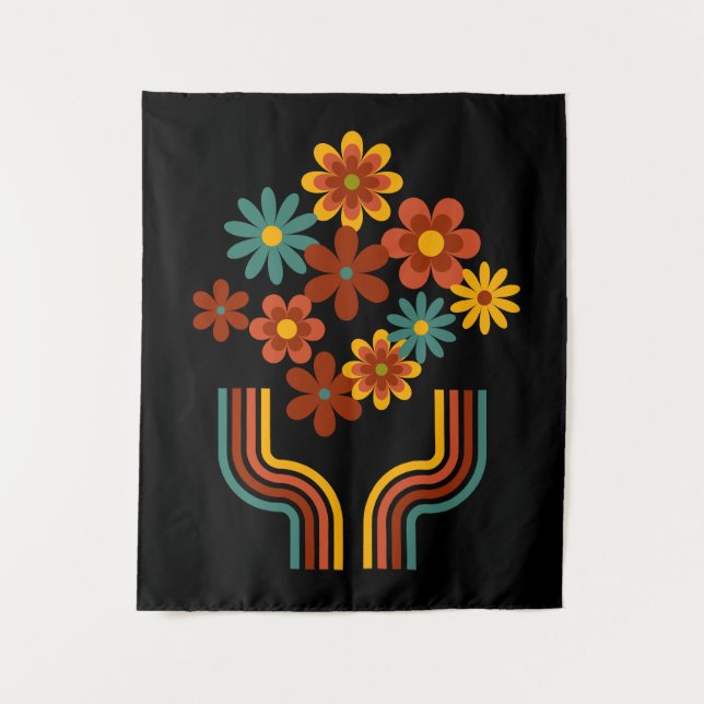 Retro flowers in vase tapestry wall-hanging. (Front)