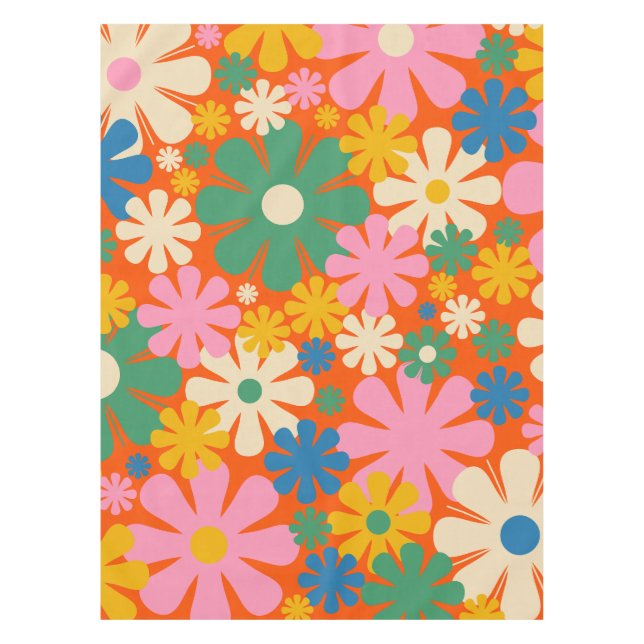 Retro Flowers Multi-Colour 60s 70s Floral Pattern Tablecloth (Front)