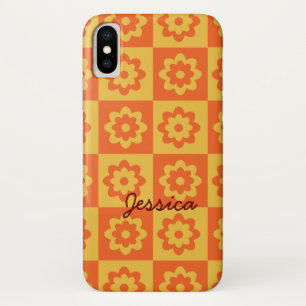 Retro Flowers on Chequerboard Yellow Orange Custom iPhone X Case