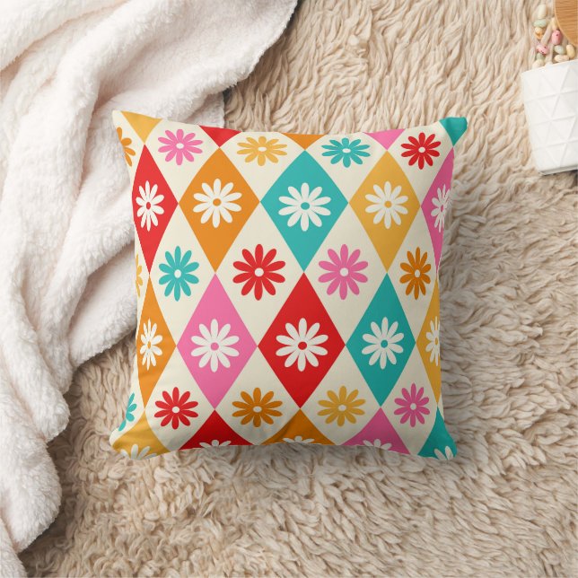 Retro Flowers on Colourful  Harlequin Diamonds  Cushion (Blanket)