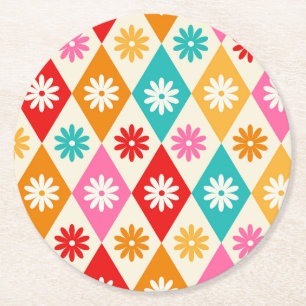 Retro Flowers on Colourful Harlequin Diamonds Round Paper Coaster