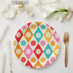Retro Flowers on Harlequin Diamonds Pattern Paper Plate