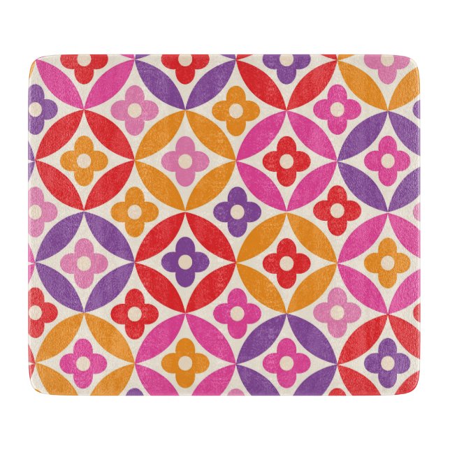 Retro  Flowers on Mid Century Circles Pattern  Cutting Board (Front)