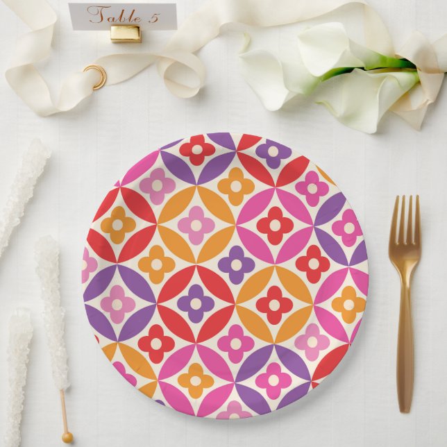 Retro  Flowers on Mid Century Circles Pattern  Paper Plate (Wedding)