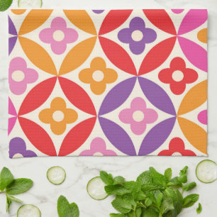 Retro  Flowers on Mid Century Circles Pattern  Tea Towel
