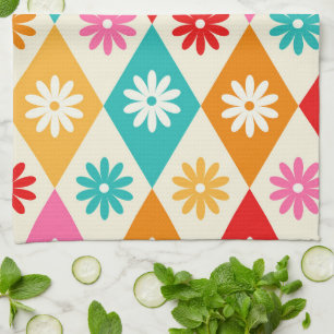 Retro Flowers on Mid Century Diamonds Pattern Tea Towel