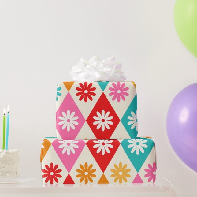 Retro Flowers on Mid Century Diamonds Pattern Wrapping Paper (Party Gifts)
