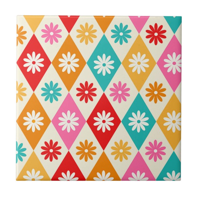 Retro Flowers on Mid Century Harelquin Diamonds  Ceramic Tile (Front)