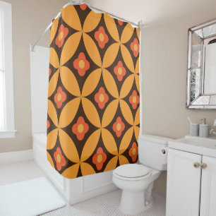 Retro flowers on mid century orange circles  shower curtain