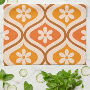 Retro flowers on orange and amber ogee pattern tea towel