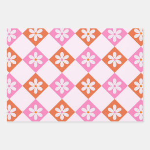 Retro Flowers on Orange and Pink diamonds Wrapping Paper Sheet