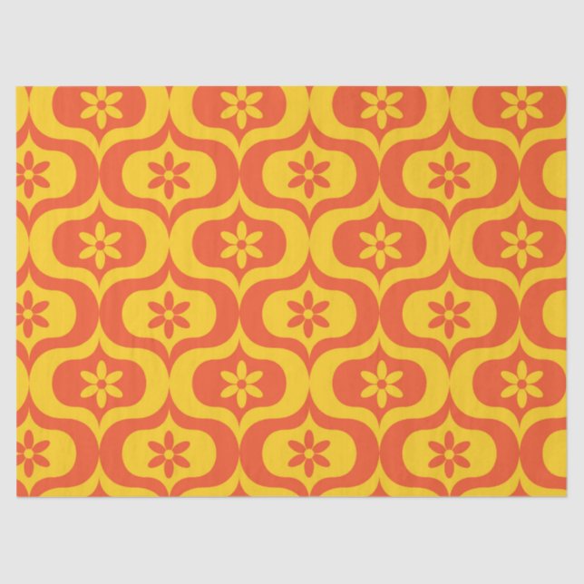 Retro Flowers on Yellow and Red Ogee Pattern  Tissue Paper (Front)