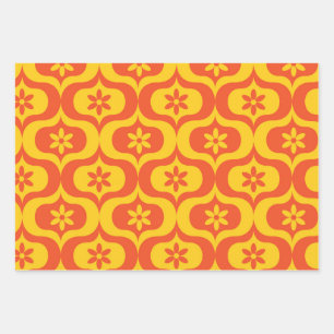 Retro Flowers on Yellow and Red Ogee Pattern  Wrapping Paper Sheet