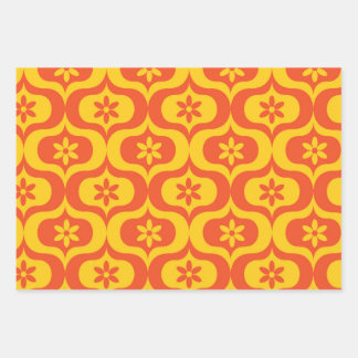Retro Flowers on Yellow and Red Ogee Pattern  Wrapping Paper Sheet